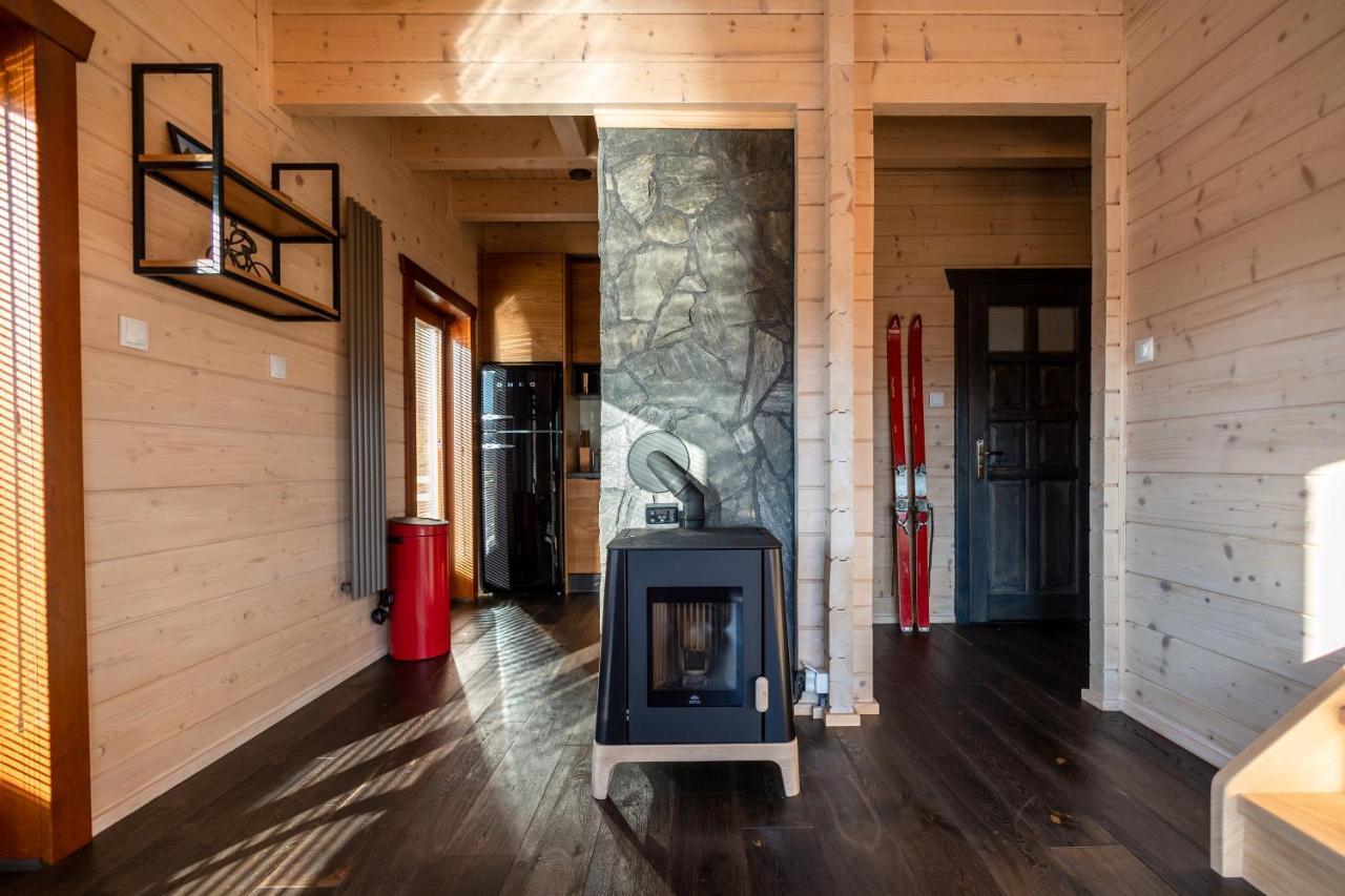 Traditioneel gebouwde houten woning in de bergen. Czarna Góra Buitenkant foto